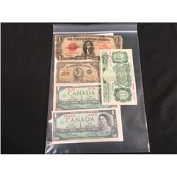 2 - CANADA $1 BILLS, 25 CENT CANADA BILL, $1 US BILL & 1 POUND BANK OF ENGLAND BILL
