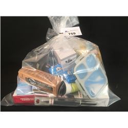 BAG OF ASSORTED KITCHEN & HOUSEHOLD PRODUCTS: KNIVES, FLATWARE, TRAVEL MUGS & MORE