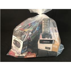 BAG OF ASSORTED ELECTRONICS: HEADPHONES, BLUETOOTH SPEAKERS, LIFEPROOF CASES & MORE
