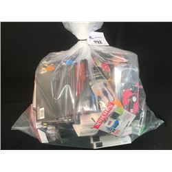BAG OF ASSORTED ELECTRONICS: CHARGERS, BATTERY PACKS, MEMORY CARDS & MORE