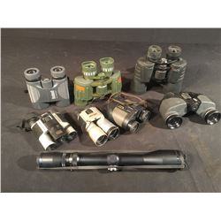 BAG OF ASSORTED BINOCULARS & SIMMONS 3-9X40 RIFLE SCOPE