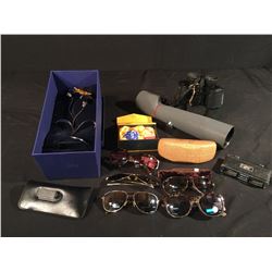 LOT OF ASSORTED COLLECTABLES & SUNGLASSES: SWAROVSKI, BUSHNELL SCOPE, BINOCULARS & MORE