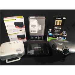 LOT OF ASSORTED PROJECTORS, SPEAKERS, PRINTER, HDMI CABLE, ETC