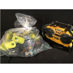 BAG OF ASSORTED POWER TOOLS & JOB SITE RADIO