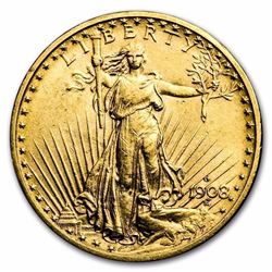 1908-D $20 Saint-Gaudens Gold Double Eagle No Motto