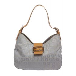 Fendi Blue Zucca Canvas Tan Leather Trim Shoulder Handbag