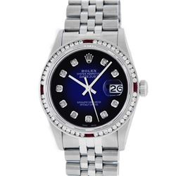 Rolex Mens Stainless Steel Blue Vignette Diamond & Ruby Datejust Wristwatch