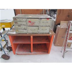 Wooden Work Bench and 8 Drawer Wood Cabinet