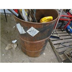 Barrel with approx 12 Concrete/Garden Tools