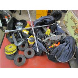 2 Tool Bags- Tie Wire,Cut off Blades,Prybar,Tire Wrench