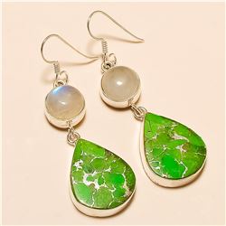 Green Copper Turquoise/Moonstone Earring Solid Sterling Silver