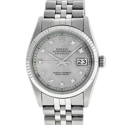 Rolex Mens 36mm Stainless Steel Silver Diamond Datejust Wristwatch