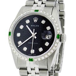 Rolex Mens Stainless Steel Black Diamond and Emerald Datejust Wristwatch