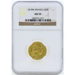 1818W France 20 Francs Gold Coin NGC AU53