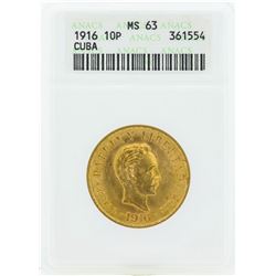 1916 Cuba 10 Pesos Gold Coin ANACS MS63