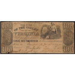 1800's $100 The Bank of the Valley in Virginia Obsolete Note