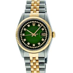 Rolex Mens 36mm Two Tone Yellow Gold Green Vignette String Diamond DateJust Wris