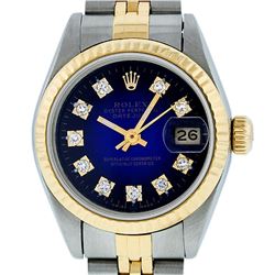 Rolex Ladies Two Tone Yellow Gold Blue Vignette VS Diamond Datejust Wristwatch