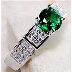 EMERALD QUARTZ & WHITE TOPAZ 925 SOLID GENUINE STERLING SILVER RING (SIZE 7)