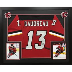JOHNNY GAUDREAU AUTOGRAPHED CUSTOM 35" X 43" FRAMED FLAMES JERSEY W/ COA