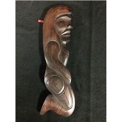 NATIVE WOODEN CARVED ART "CHIEF MAN" BY FRED BAKER (SQUAMISH, BC) 4" X 14"