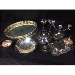 VINTAGE SILVER PLATED TRAYS, MIRROR, CANDLE HOLDERS LOT