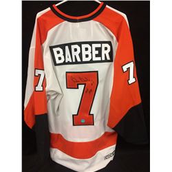 BILL BARBER AUTOGRAPHED FLYERS HOCKEY JERSEY INSCRIBED HOF 1990 W/ COA