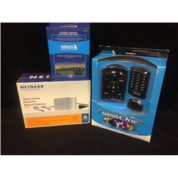 SIRIUS RADIO FM DIRECT ADAPTOR, SIRIUS REMOTES & NETGEAR POWERLINE NETWORK EXTENDER LOT (IN BOXES)