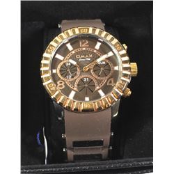 MENS OMAX BROWN FACE BROWN RUBBER BAND WATCH WITH