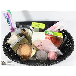 BASKET OF ASSORTED MAKE UP, CANDLES & MIRRORS