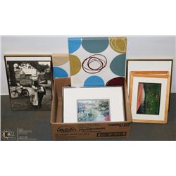 BOX OF ASSORTED FRAMES & PRINTS.