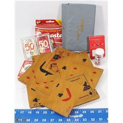 CARD GAME LOT INCLUDES WOODEN CARVED CARD