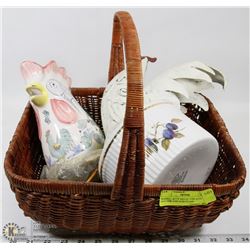 BASKET WITH METAL CHICKEN, PITCHER AND PORCELAIN