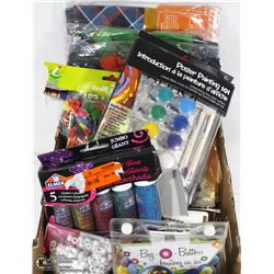 KIDS ART LOT INCL NEW SMOCKS, PAINTS, THREADS,