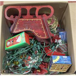 BOX OF CHRISTMAS ORNAMENTS AND DECORATIONS