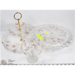 3PC FROSTED & PINK FLOWER CRYSTAL SERVING SET.