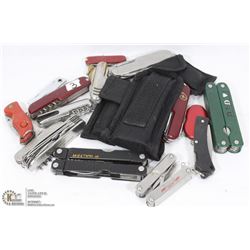 BAG OF MIXED SWISS ARMY KNIVES, MULTI TOOLS AND