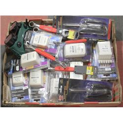 LARGE FLAT WITH NEW HAND TOOLS, POWER ADAPTERS,