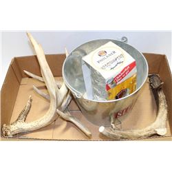 BOX W/3 ANTLER SHEDS, BEER BUCKET, NEW