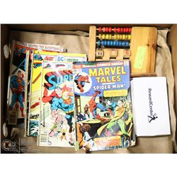 ANTIQUE CHILD CLOCK, COUNTER & 7 COMICS.