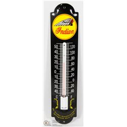 PORCELAIN ENAMEL INDIAN MOTORCYCLE THERMOMETER.