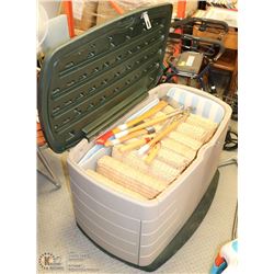 OUTDOOR STORAGE BIN WITH YARD TOOLS AND WICKER