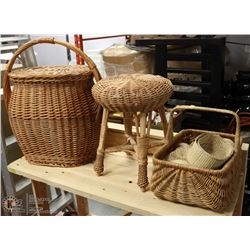 LARGE WICKER BASKET WITH SMALLER WICKER BASKETS,