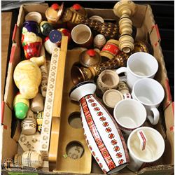 BOX OF ASSORTED WOOD CARVED AND UKRAINIAN