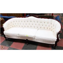 VINTAGE WOOD CARVED 85" WHITE FABRIC SOFA