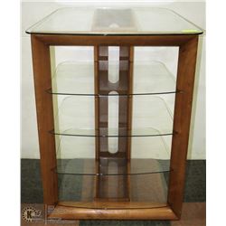 WOODEN TV STAND WITH GLASS SHELVES.