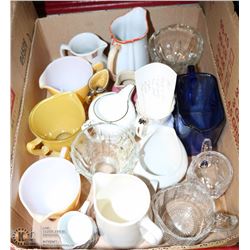 7) BOX W/ VARIETY OF PITCHERS- CRYSTAL, COALPORT,