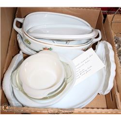 1) BOX W/ CASSEROLE DISHES, PYREX BOWLS, MILK