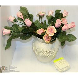 GLASS ROSES IN BEIGE VASE WITH TRINKET BOX.