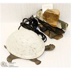 BOX WITH TURTLE LAMP AND INUKSHUK FIGURE.